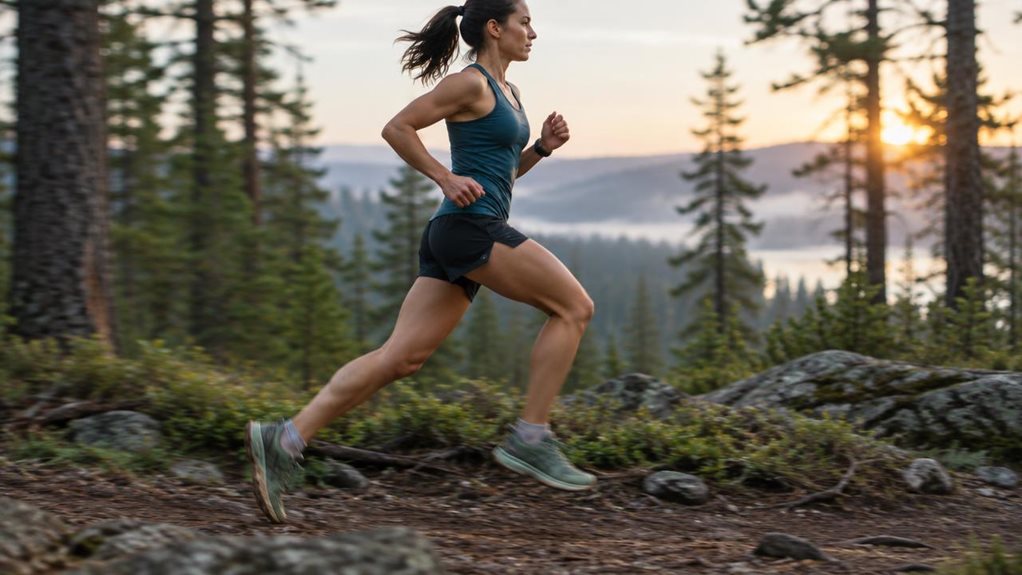 A high-end sports photograph of a runner captured mid-stride on a forest trail at dawn, viewed from the side. Freeze the moment of foot contact, with one shoe just meeting the ground and the opposite knee driving forward, conveying cadence and ground contact time. Subtle motion blur in the limbs contrasts with a sharply focused torso; the runner’s slight upward lift suggests vertical movement. Soft natural light, crisp fabric and trail textures, shallow depth of field. No tex