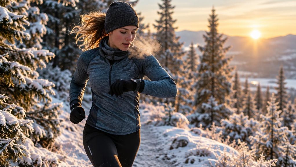 A high-end editorial photograph of a winter runner striding along a snow-dusted forest trail at dawn, breath visible in the crisp air. The runner wears layered thermal clothing, gloves, and a snug beanie, with a sports watch clearly visible on a wrist as they check their pace. Frosted pines frame the path, while soft golden light catches airborne snow and detailed fabric textures. Dynamic, natural movement; shallow depth of field; no text or lettering.
