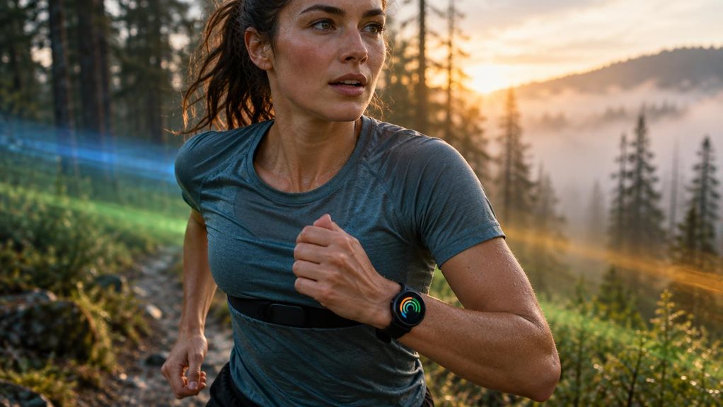 A high-end editorial sports photograph of a runner on a forest trail at dawn, captured mid-stride with crisp detail on a wristwatch displaying only abstract colored heart-rate arcs, no numbers or lettering. A subtle chest-strap sensor is visible beneath the runner’s technical shirt. Soft bands of colored light—blue, green, and amber—suggest distinct training zones without appearing artificial. Misty trees, natural skin texture, shallow depth of field, and cinematic golden lig