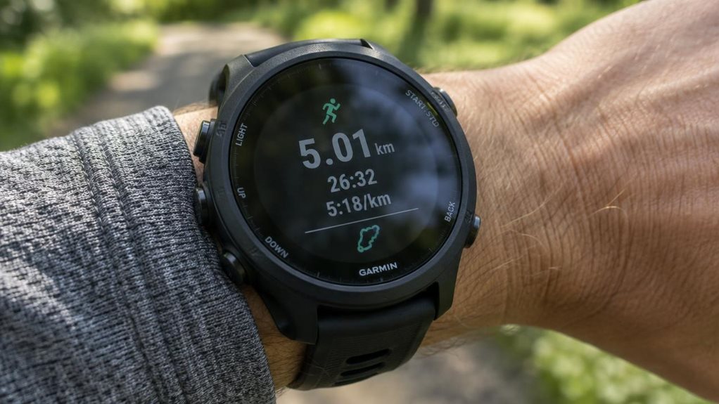 Close-up overhead shot of a matte black GPS running watch on a runner's wrist, resting against a textured gray athletic sleeve. Morning sunlight rakes across the watch face, highlighting subtle button contours and a slightly reflective display. Blurred green park pathway in the background. Shallow depth of field, shot with a high-end DSLR, crisp macro detail, natural soft lighting, shallow bokeh.