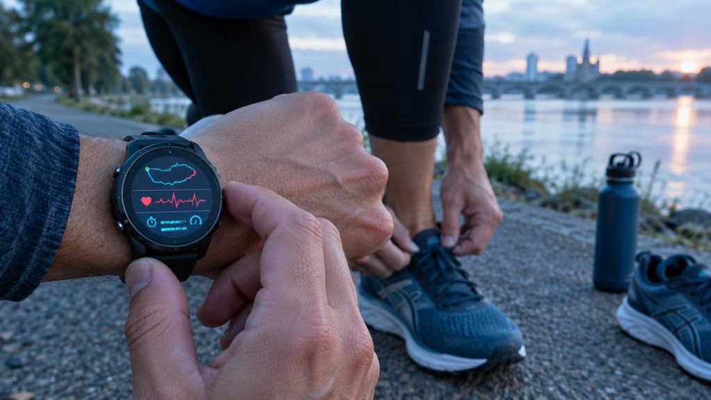 A high-end editorial photograph of a marathon runner preparing at dawn on a quiet riverside path. In sharp foreground, a wrist wearing a modern GPS sports watch shows a clean, text-free interface with a route map, heart-rate line, and pace indicators rendered only as simple icons and shapes. The runner adjusts the watch while tying a shoe; a water bottle and running shoes rest nearby. Cool blue morning light, natural skin texture, shallow depth of field, crisp detail, no visi