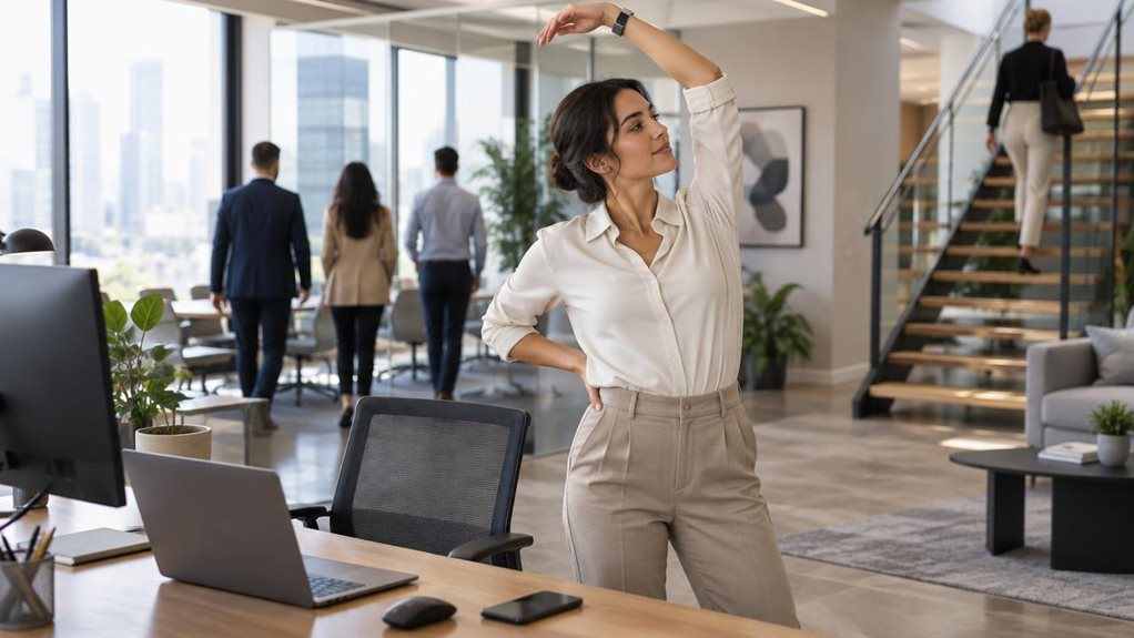 A high-end editorial photograph of a bright, modern office, where a professional rises from their desk to stretch after a subtle smartwatch inactivity alert. Their chair is pushed back, one hand reaches overhead, and coworkers move naturally in the background—walking to a meeting and taking the stairs. Soft window light, crisp detail, realistic skin tones, shallow depth of field, refined neutral colors. Screens and devices display no readable text.