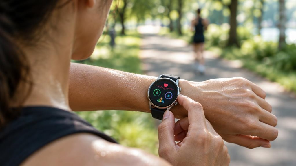 A high-end editorial photograph of a person checking a sleek smartwatch after a morning run in a sunlit park. The watch’s refined sensors and subtle health indicators glow softly on its screen, with no legible characters or symbols. Crisp detail captures skin texture, moisture on the wrist, and brushed metal; the runner and leafy path fall into a natural, creamy blur. Authentic daylight, balanced color, premium camera optics, and no text anywhere.