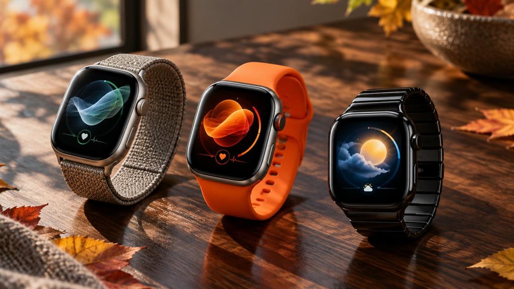 A high-end editorial photograph of three sleek smartwatches arranged on a dark walnut table, showcasing fall 2026 designs: one with a brushed titanium case and woven band, one with a vivid orange sport strap, and one with a polished black ceramic finish. Their luminous screens display abstract, text-free health and weather graphics. Soft autumn light, crisp reflections, subtle leaf shadows, shallow depth of field, refined premium styling. No text, logos, or words.