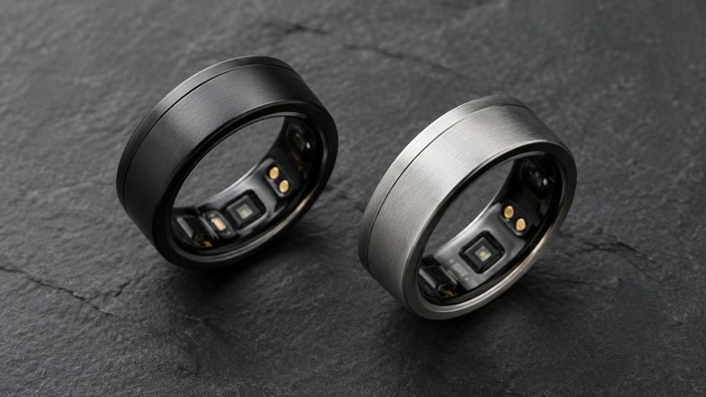 Overhead macro shot on a matte slate surface: a sleek titanium smart ring in muted black beside another in brushed silver, angled to catch soft studio light. Shallow depth of field highlights subtle grooves and sensor contacts on their inner bands. Minimalist composition, soft shadows, neutral gray backdrop, shot with a high-end mirrorless camera, crisp focus, gentle reflections, professional product photography aesthetic.