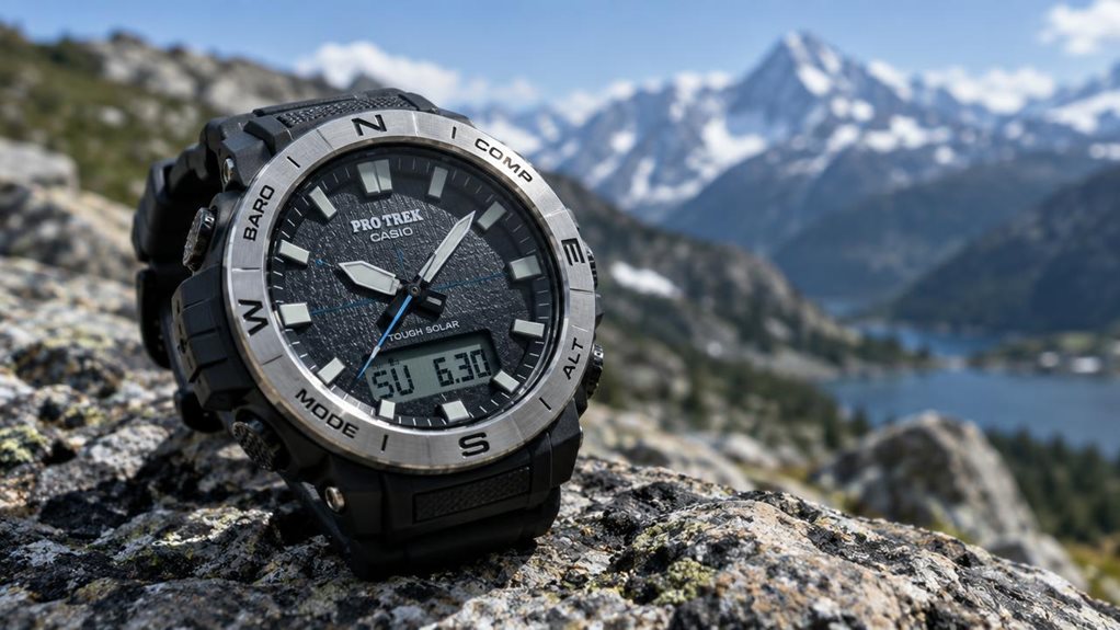 Close-up macro shot of a rugged outdoor watch with textured black casing and metallic dials, resting on weathered granite rock. Natural sunlight rakes across brushed steel bezel and analog needles, casting soft shadows. Blurred alpine landscape with distant snow-capped peaks in background. Shallow depth of field, crisp detail on watch face texture, cool color palette with earthy stone tones, shot on high-resolution DSLR.