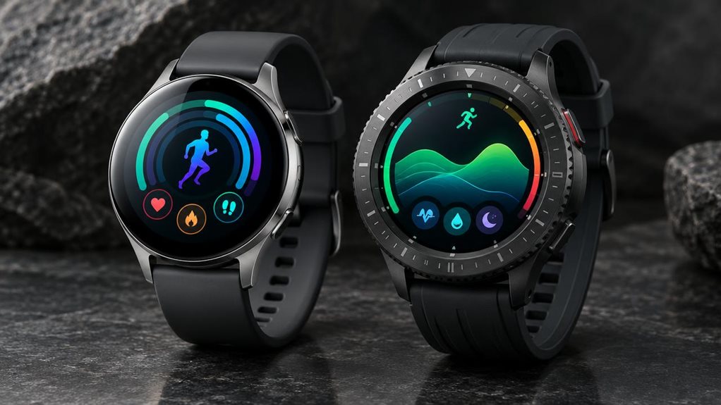 A high-end editorial photograph of two Samsung Galaxy smartwatches displayed side by side on a dark stone surface, one with a sleek polished titanium case and the other with a rugged rotating bezel. Their vivid circular screens show distinct abstract health and fitness graphics, suggesting upgraded sensors and new features without readable text. Soft directional studio light reveals fine metal finishes, curved glass, and subtle reflections; crisp focus, natural shadows, premi