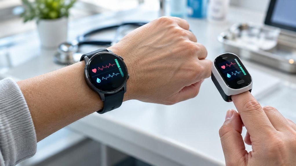 A high-end editorial photograph of a person checking a sleek wrist-worn pulse oximeter beside a fingertip oximeter, comparing their readings without showing any legible display text. Close focus on the devices against natural skin, with subtle reflections, precise sensor details, and soft daylight revealing the wrist’s texture. A softly blurred clinical workspace in the background suggests a careful measurement, while shallow depth of field and balanced, realistic color creat