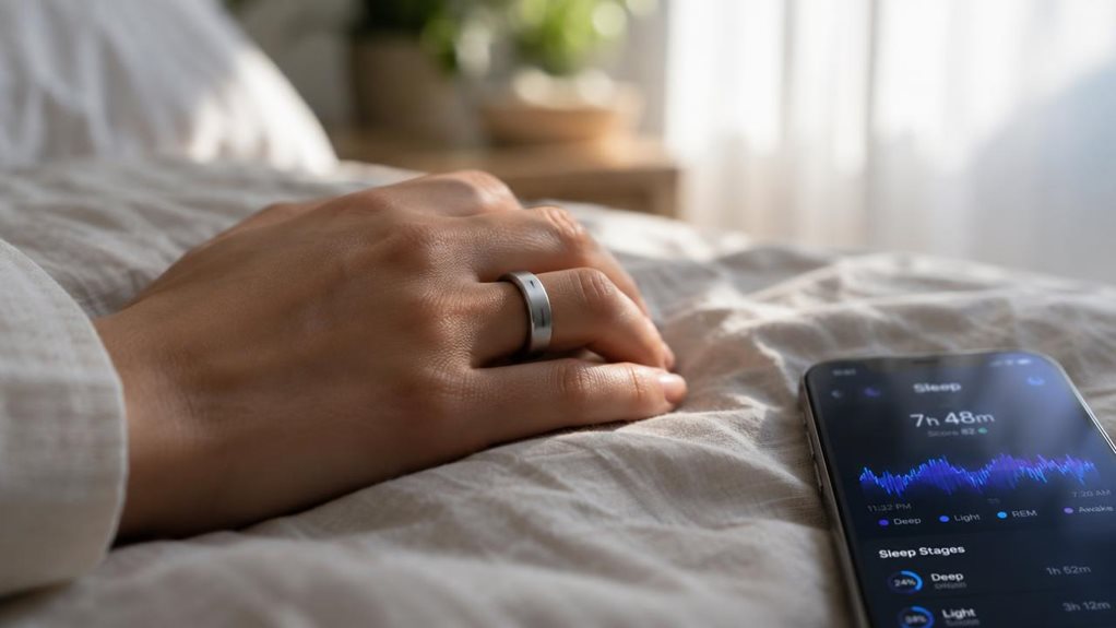 A close-up photograph of a hand resting on a linen bedsheet, wearing a sleek metallic smart ring, softly illuminated by early morning light through sheer curtains. A smartphone nearby displays glowing sleep-tracking waveforms on its screen. Shallow depth of field emphasizes the ring's texture, with soft bokeh in the background. Shot with a high-end camera, natural tones, shallow focus, serene atmosphere.