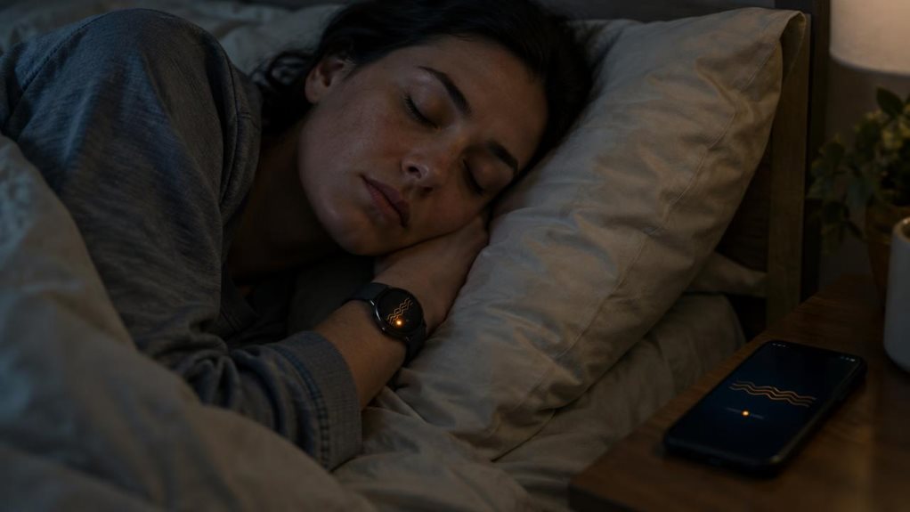 A high-end editorial photograph of a person asleep on their side in a softly lit bedroom, wearing a discreet smartwatch that glows with a subtle amber alert. The watch’s screen shows only abstract breathing-wave graphics, with no letters or numbers. A bedside phone displays a matching, wordless respiratory pattern. Natural skin texture, crisp fabric detail, shallow depth of field, realistic low-light color, and a calm yet quietly concerning mood.