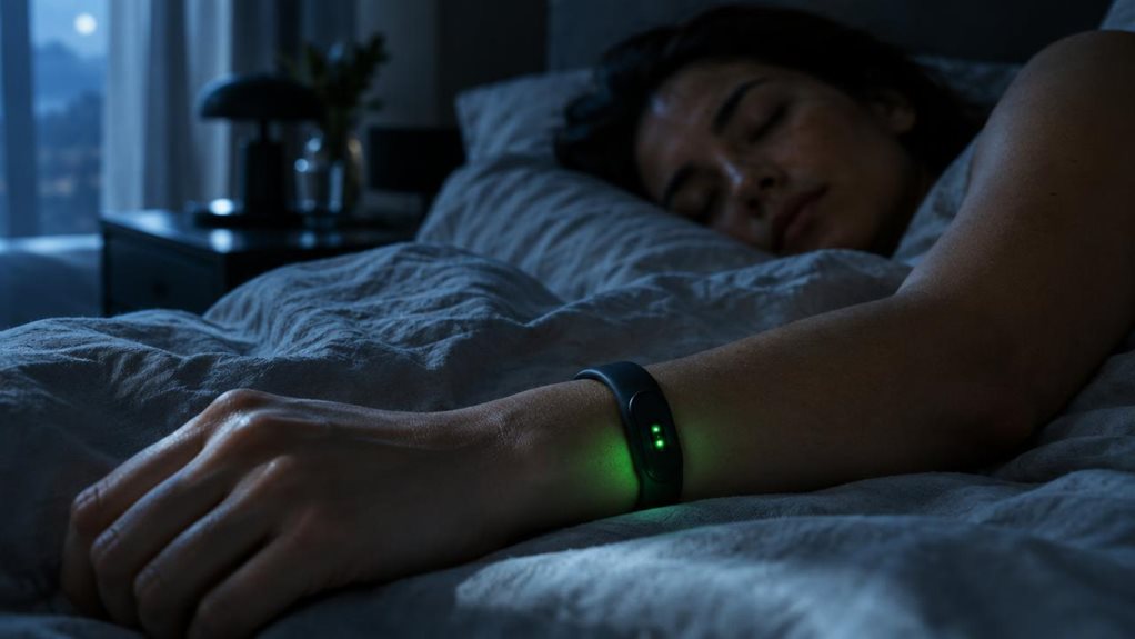 A high-end editorial photograph of a person sleeping peacefully in a dim, modern bedroom, wrist turned to reveal a sleek fitness wearable with a softly glowing sensor. Cool moonlight spills across rumpled linen while a faint green reflection from the device illuminates the skin. Shallow depth of field keeps the wrist and sensor crisp against the softly blurred sleeper and bedside table. Natural skin texture, cinematic contrast, realistic detail, no text or lettering.