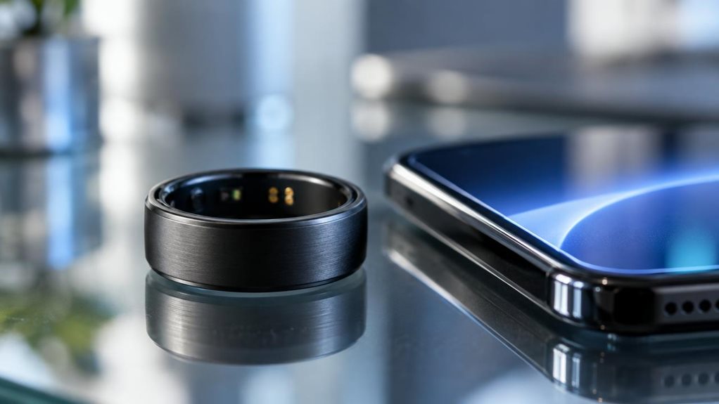 A close-up macro photograph of a sleek matte-black smart ring resting on a reflective glass surface, beside a smartphone with a glowing edge-lit screen. Soft studio lighting highlights the ring's brushed titanium texture and subtle sensor contacts. Shallow depth of field blurs the background into cool blue and silver tones, emphasizing connectivity and modern minimalism. Shot with a high-end DSLR, crisp detail, no text visible.