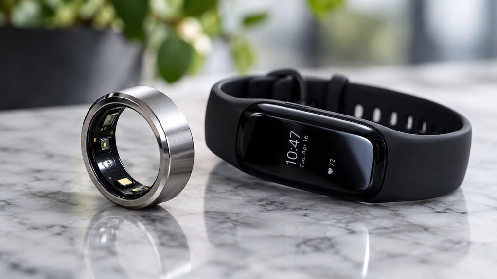 A close-up product photograph on a marble surface: a sleek titanium smart ring beside a black silicone fitness tracker band, both catching soft studio light. Shallow depth of field blurs a blurred plant background. Reflections gleam off polished metal, condensation-free surfaces show fingerprints-free finish, shot with a high-end macro lens emphasizing texture, material contrast, and premium industrial design details.
