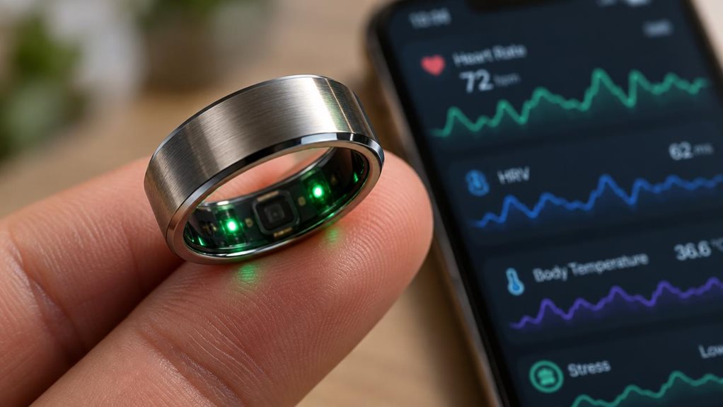 A macro photograph of a sleek titanium smart ring resting on a fingertip, sensors glowing faint green against skin. Soft studio lighting highlights subtle reflections on the polished metal band, while a blurred background reveals a phone screen displaying pulsing waveforms. Shallow depth of field emphasizes texture—skin pores, brushed metal grain—captured in crisp, high-resolution detail with natural, warm tones.