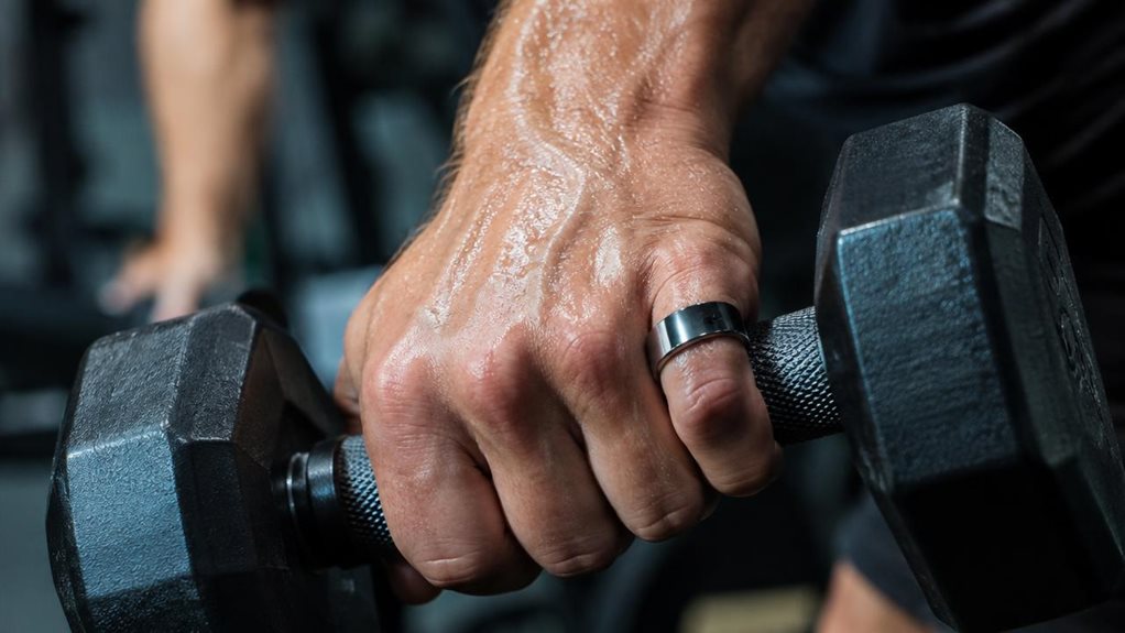 A close-up photograph of a person's hand mid-exercise, gripping a dumbbell, with a sleek metallic smart ring visible on their finger. Sweat glistens on skin under gym lighting, muscles tensed. Shallow depth of field blurs background gym equipment. Captured with a high-end camera, sharp focus highlights the ring's texture against skin, conveying both technology's precision and its physical limitations during intense movement.
