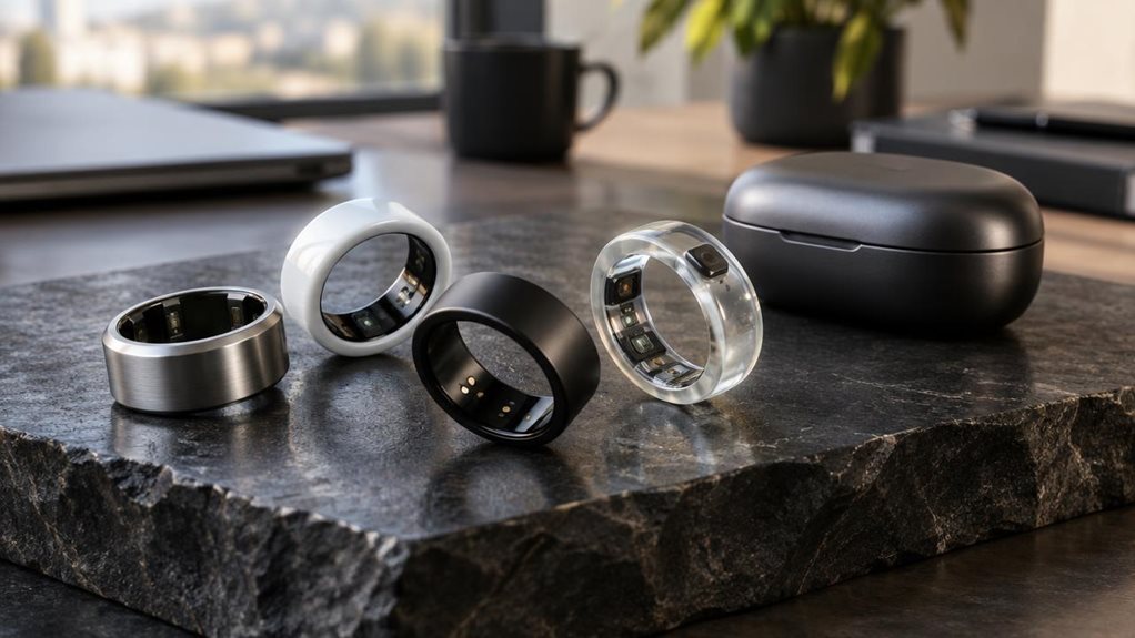A high-end editorial photograph of several 2026 smart rings from emerging manufacturers, arranged on a dark stone display beside a charging case. Show varied designs: brushed titanium, polished ceramic, matte black metal, and a translucent wellness ring with subtle sensor details. Soft directional studio light reveals precise craftsmanship and realistic reflections; a shallow depth of field keeps the rings crisp against a softly blurred modern workspace. No logos, labels, scr