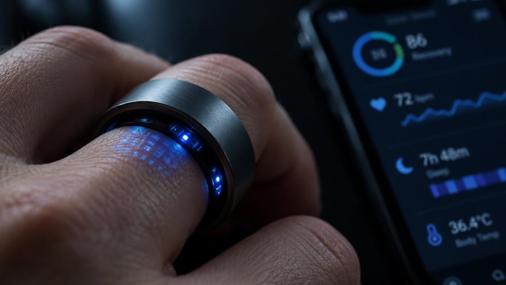 Close-up macro photograph of a matte titanium smart ring resting on a person's finger, softly backlit against a dark background. Faint blue light glows from sensors along its inner band, casting a subtle digital pattern onto the skin. Shallow depth of field blurs a smartphone screen faintly visible in the background. Cool tones, high contrast, shot with a shallow aperture for cinematic realism.