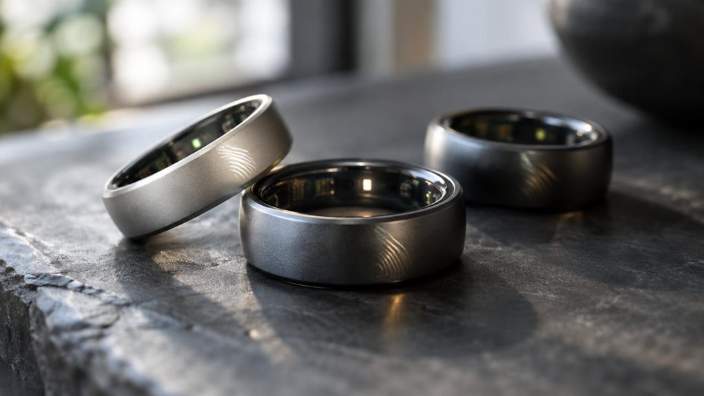 A close-up, softly lit photograph of three sleek smart rings arranged on a dark slate surface, each with a subtle matte titanium finish and faint circuitry glow beneath the surface. Shallow depth of field blurs the background, highlighting fingerprint-like light reflections on the rings' curves. Natural window light casts gentle shadows, emphasizing minimalist design and premium texture, evoking sophistication and quiet technological elegance.