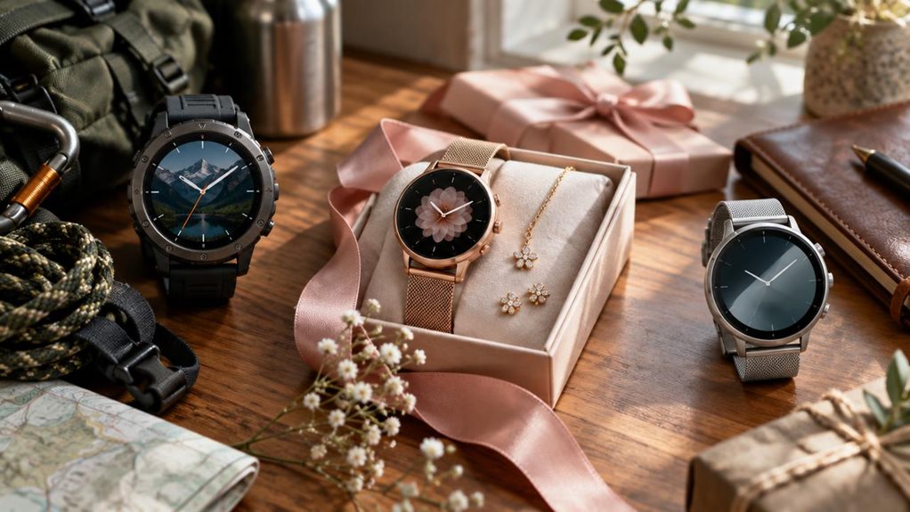 A high-end editorial photograph of three thoughtfully chosen smartwatches arranged as gifts on a warm wooden table: a rugged dark model beside hiking gear, a sleek rose-gold watch next to a silk ribbon and delicate jewelry, and a minimalist silver watch near a leather notebook. Soft window light reveals crisp screen reflections, fine materials, and subtle wrapping details. Shallow depth of field, natural colors, polished yet intimate composition. No text or lettering.