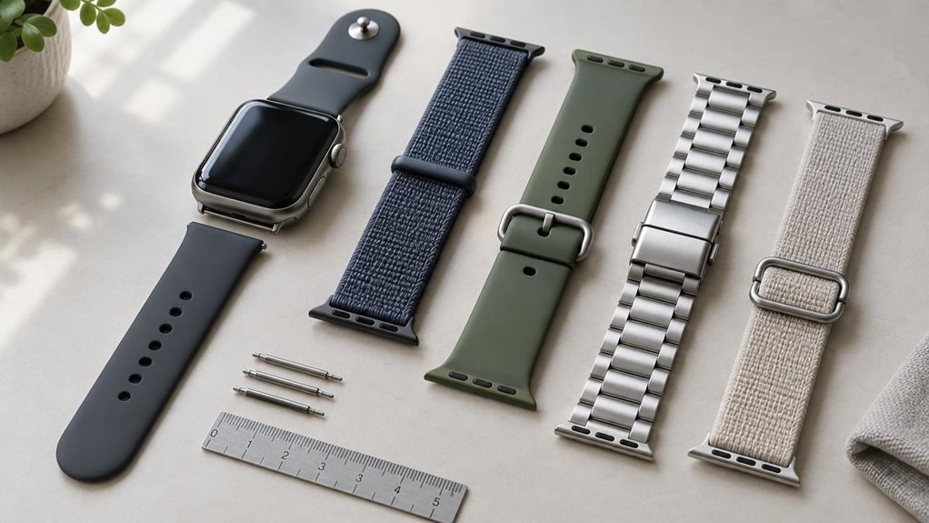 A high-end macro photograph of a smartwatch with its band partly detached, arranged beside several replacement bands in silicone, woven nylon, and polished stainless steel. Show varied band widths and fastening styles, with a small measuring ruler and spring bars nearby to suggest sizing and easy replacement. Crisp material textures, precise details, soft natural window light, and gentle shadows on a clean neutral tabletop. No logos, labels, or visible text.