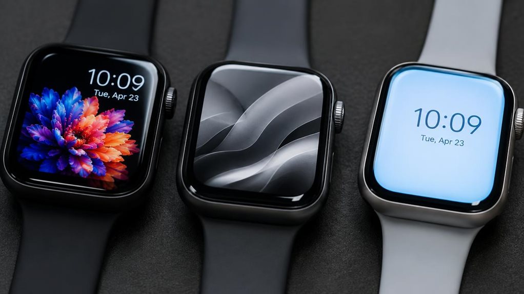 Macro photograph of three smartwatches arranged in a row on a matte dark surface, each display showing a different technology: deep inky blacks and vivid saturated colors on one screen, a soft reflective grayscale pattern on another, and a slightly backlit uniform glow on the third. Shallow depth of field, crisp reflections on watch glass, soft studio lighting highlighting texture and screen contrast differences, shot with a high-end macro lens.