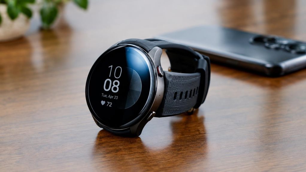 A high-resolution product photograph of a sleek black smartwatch resting on a polished wooden surface, its round display reflecting soft studio lighting. The metallic casing and textured silicone band show fine detail, with a shallow depth of field blurring a smartphone in the background. Shot with a high-end DSLR, emphasizing crisp textures, subtle reflections, and realistic shadows.
