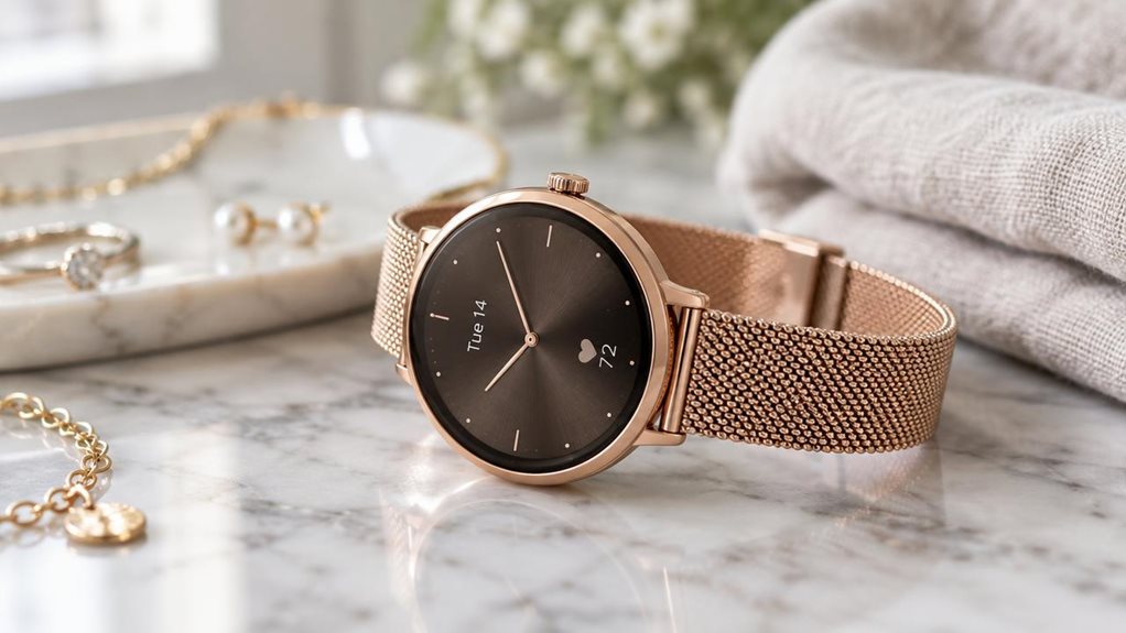 Close-up product photograph of a slim women's smartwatch with a small round case in rose gold, resting on a marble surface. The slender mesh band curves gently beside soft natural window light. Shallow depth of field blurs delicate jewelry and a folded linen cloth in the background. Sharp focus highlights the watch face's subtle texture and metallic sheen, shot with a high-end macro lens.