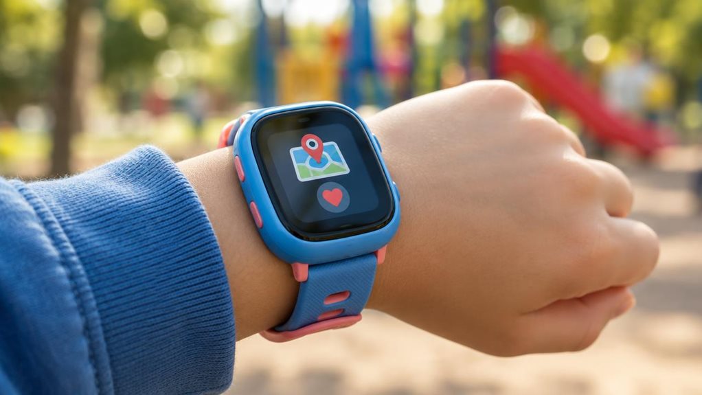A close-up product photograph of a colorful smartwatch on a child's wrist, softly blurred outdoor background suggesting a playground. Shallow depth of field highlights the watch's rounded screen displaying a simple map icon and heart symbol, rubber band texture crisp in natural daylight. Shot with a high-end camera, bokeh effect, warm tones, no visible text or logos, evoking safety and connectivity.