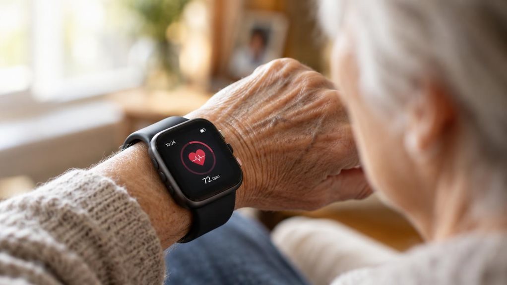A close-up photograph of an elderly hand wearing a sleek smartwatch with a large, clear display and simple raised buttons. Soft natural window light highlights wrinkled skin and silver hair blurred in the background. The watch face shows a subtle heartbeat icon graphic. Shallow depth of field, shot on a high-end DSLR with creamy bokeh, warm tones conveying safety, comfort, and independence.