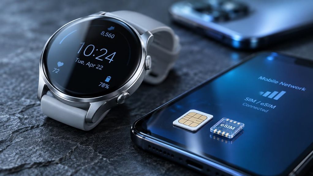 Close-up product photograph of a sleek silver smartwatch resting on a dark slate surface, its circular display reflecting soft studio light. Beside it, a tiny nano-SIM card and translucent eSIM chip rest on a smartphone screen glowing faintly. Shallow depth of field blurs a smartphone in the background. Cool blue and metallic tones dominate, captured with a macro lens emphasizing fine texture and reflections.