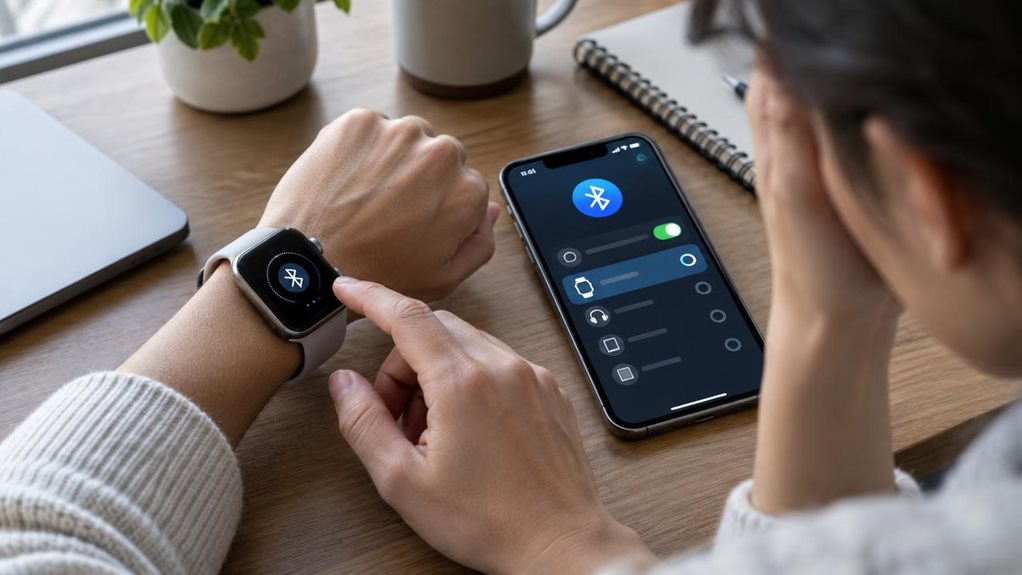 A high-end editorial photograph of someone troubleshooting a smartwatch beside a smartphone on a tidy desk. Their wrist and hands are in crisp focus as they tap the watch and check the phone’s Bluetooth settings; the devices sit close together, their screens glowing with abstract icons only. Soft natural window light, realistic skin and metal textures, shallow depth of field, and a subtly frustrated but focused mood. No readable text or lettering.