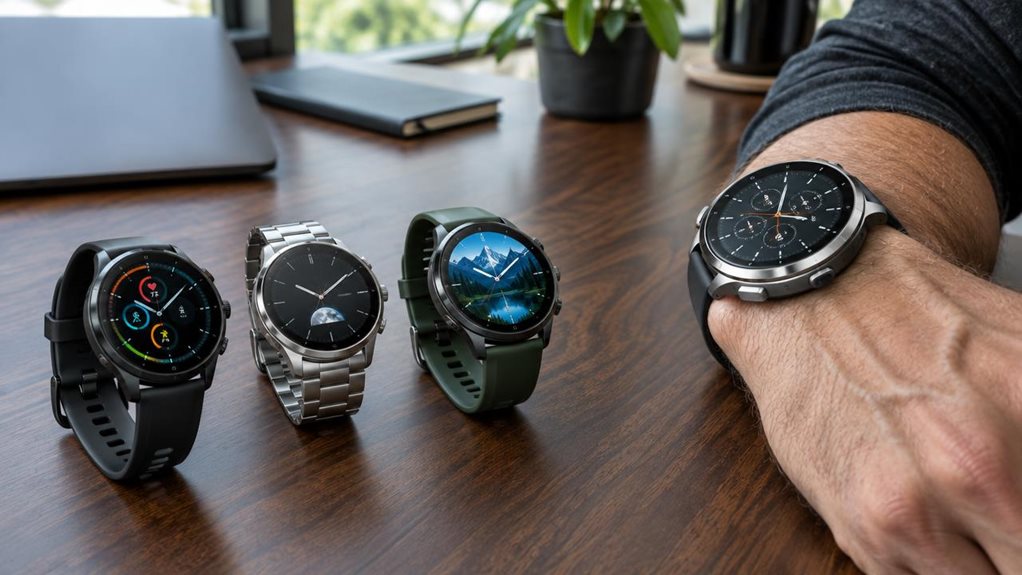 A high-end editorial photograph of three smartwatches suited to large wrists, arranged on a dark walnut tabletop beside a broad, muscular forearm wearing the largest model. Show substantial case sizes, long adjustable bands, clear displays, and refined metal and silicone finishes. Soft window light reveals precise details and subtle reflections, with a blurred modern workspace in the background. Photorealistic, crisp focus, natural color, premium camera quality. No text or le