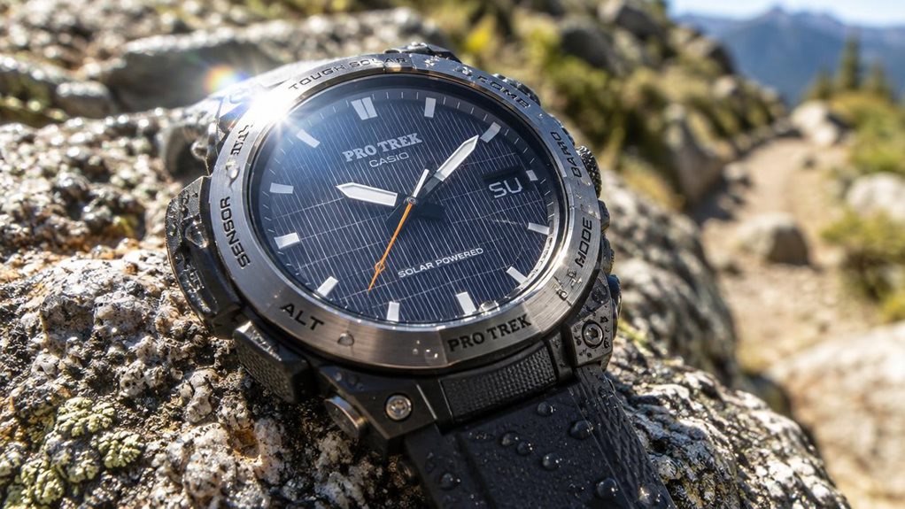 A close-up macro photograph of a rugged solar sports watch resting on weathered granite rock, its textured black solar face catching brilliant sunlight with visible micro-cell patterns. Sharp morning light rakes across the case, creating lens flare highlights on the sapphire crystal. Shallow depth of field blurs a hiking trail background. Shot with an 100mm macro lens, f/2.8, emphasizing metallic texture and dew droplets.