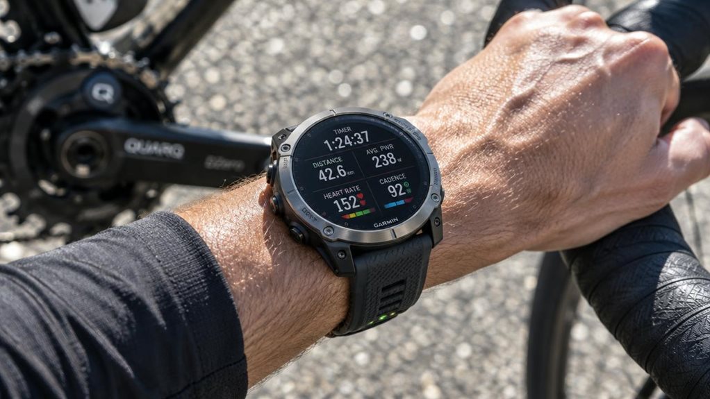A high-resolution close-up of a rugged sports watch strapped to a cyclist's wrist, gripping drop handlebars. The watch face displays glowing metrics against sunlit asphalt bokeh. Sensor contacts glint on the watch's underside, paired with a visible power meter crank arm in soft focus behind. Shallow depth of field, natural outdoor lighting, crisp macro detail on textured silicone band and brushed metal casing.