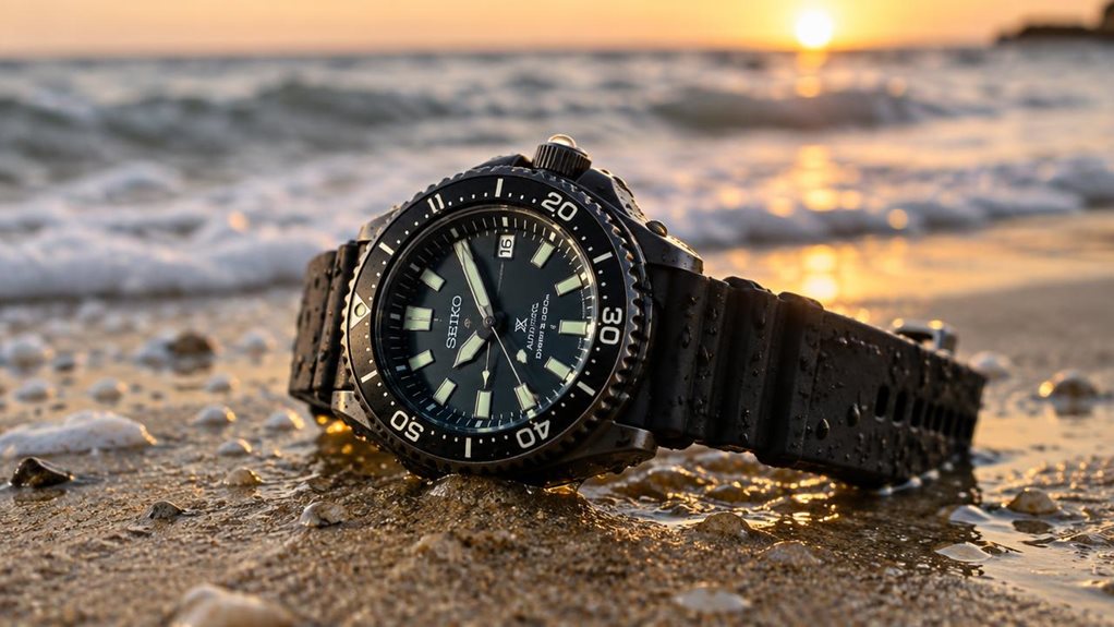 A close-up macro shot of a rugged sports watch with a black silicone band, resting on wet sand beside scattered seawater droplets. The watch face shows a luminous dial with depth-rating markers, reflecting soft golden sunlight. In the blurred background, ocean waves gently roll toward shore. Shot with a high-end DSLR, shallow depth of field, crisp textures, natural lighting, realistic photographic style.