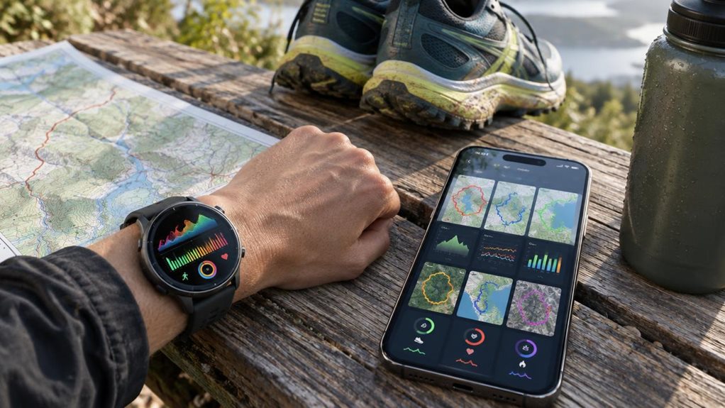 A high-end editorial photograph of a runner’s wrist beside a trail map, showing a sleek smartwatch with colorful, abstract workout charts and a smartphone displaying a grid of route maps and fitness metrics—no legible text, logos, or words. Running shoes and a water bottle rest on a weathered wooden bench; soft morning light, crisp screen reflections, shallow depth of field, natural colors, and finely rendered textures evoke a comparison of popular running apps.
