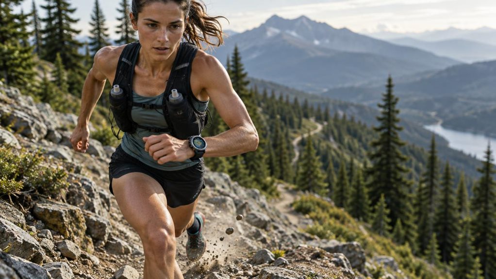 A high-end editorial photograph of a trail runner charging down a rugged mountain path, captured mid-stride as loose stones scatter beneath their shoes. Their wristwatch is clearly visible, its bright display and sturdy casing catching soft morning light. Pine forest, distant ridgelines, and a winding trail blur behind them, conveying speed and changing terrain. Natural colors, crisp detail on the runner and watch, realistic motion, dramatic yet authentic outdoor atmosphere.