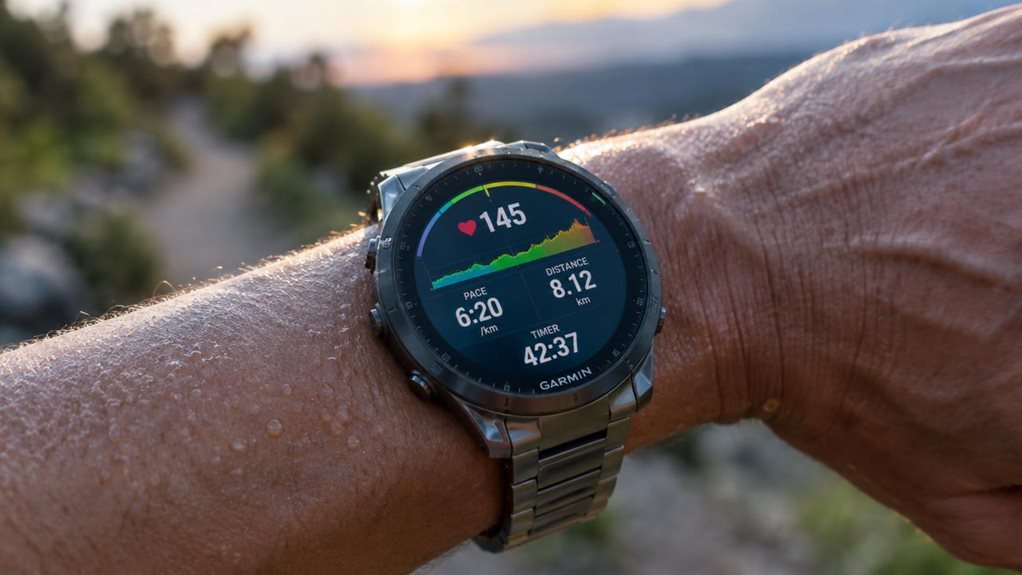 Close-up photograph of an athlete's wrist wearing a sports watch, illuminated screen displaying colorful graphs and heart rate rings, glowing softly in early morning light. Sweat glistens on skin, background blurred showing a running trail. Shot with shallow depth of field, high-end DSLR, crisp detail on watch texture and metallic band, natural soft lighting emphasizing focus and athletic determination.