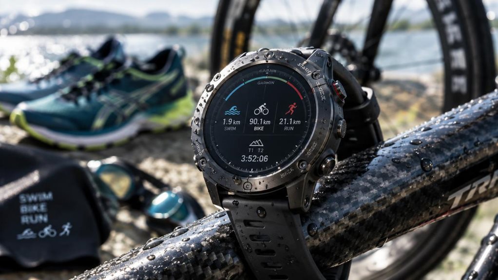 A high-end macro photograph of a rugged multisport watch resting on a carbon-fiber bike frame, sunlight glinting off its textured bezel and silicone strap. Water droplets bead on the lens, hinting at swim-readiness. Blurred background shows running shoes and a bicycle wheel, symbolizing triathlon versatility. Shallow depth of field emphasizes the watch's sporty dials and buttons, shot in crisp natural daylight with soft shadows.