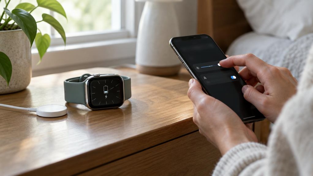 A high-end editorial photograph of a smartwatch resting on a wooden bedside table beside its charging cable, with its dimmed display showing a simple low-power icon and muted watch face. A hand gently adjusts the watch’s brightness and notification settings on a nearby smartphone, screen angled away so no writing is visible. Soft morning window light, crisp metal and glass details, shallow depth of field, natural colors, realistic reflections, and an uncluttered home setting.
