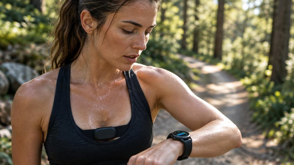 A high-end editorial photograph of a runner pausing on a forest trail, wrist raised to reveal a sleek sports watch displaying abstract, unreadable fitness graphics. A chest-mounted heart-rate sensor and subtle perspiration suggest recent exertion. In the softly blurred background, the trail curves through sunlit trees. Crisp natural skin texture, realistic fabric detail, shallow depth of field, balanced cinematic light, and premium camera clarity. No visible text or legible s