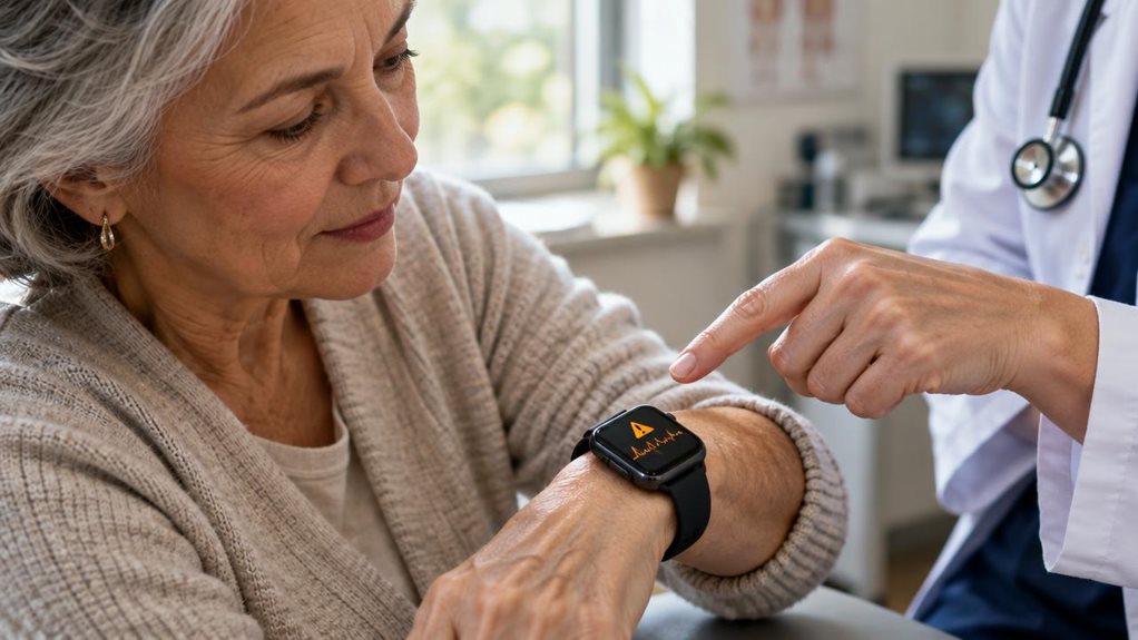 A high-end editorial photograph of an older adult seated beside a sunlit window, studying a smartwatch on their wrist as its screen glows with a simple irregular pulse waveform and a small amber alert icon—no letters or numbers. Their expression is attentive but calm. A clinician’s hand gently points toward the watch, with a stethoscope and softly blurred medical setting in the background. Natural skin texture, crisp watch detail, shallow depth of field, warm realistic light,