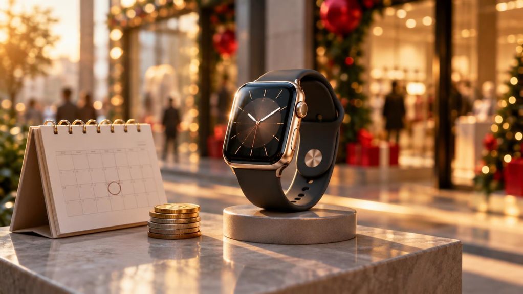 A high-end editorial photograph of a sleek smartwatch resting on a display pedestal beside a neatly folded calendar and a small stack of coins, suggesting a carefully timed purchase. Soft golden-hour light falls across the scene, with subtle reflections on the watch’s glass and metal case. A blurred retail storefront and seasonal sale decorations glow in the background, creating depth without showing readable signs or text. Crisp product details, natural shadows, refined comp