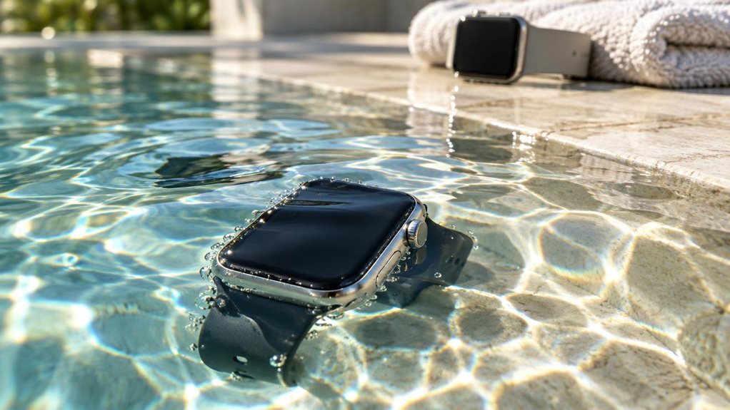 A high-end editorial photograph of a sleek smartwatch resting partly submerged in a crystal-clear pool, its stainless-steel case and dark display sharply detailed beneath rippling water. Tiny bubbles cling to the watch’s edges while sunlight refracts into vivid caustic patterns across the pale stone surface below. In the softly blurred background, a second wearable sits safely beside a folded towel, suggesting protection from splashes and immersion. Natural light, precise ref
