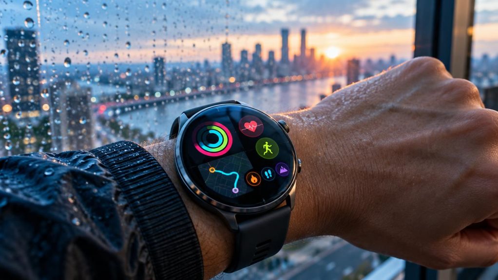 A high-end editorial photograph of a sleek smartwatch displaying a vivid, abstract health-and-fitness interface: glowing pulse rings, a tiny route map, and colorful activity indicators, all icon-based with no legible text. The watch rests on a runner’s wrist beside a rain-speckled city window at dawn, with soft reflections, natural skin texture, crisp glass and metal detail, and a shallow depth of field. Cool blue light meets warm sunrise highlights for a polished, forward-lo