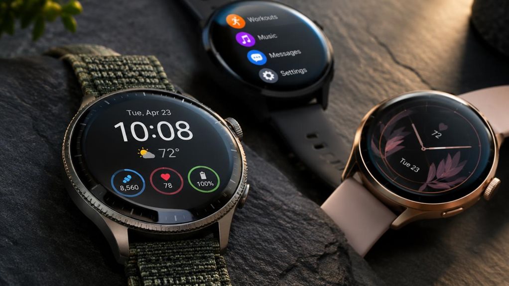 A high-resolution overhead photograph of three smartwatches arranged on a dark slate surface, each displaying distinct interface designs through soft studio lighting. Shallow depth of field emphasizes the nearest watch's textured strap and metallic bezel, while the others blur slightly. Subtle reflections on curved glass screens, warm side lighting casting gentle shadows, shot with a macro lens capturing fine details of watch materials and craftsmanship.