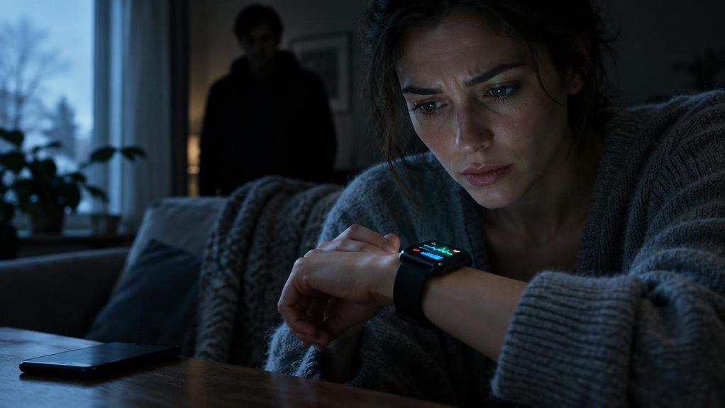 A high-end editorial photograph of a person at home checking a smartwatch as a second figure watches from the dim background, their face partly obscured by shadow. The watch’s softly glowing health-data graphs reflect in the wearer’s concerned eyes, while a smartphone lies nearby with its screen turned away. Cool window light, crisp skin and fabric detail, shallow depth of field, subtle tension, realistic color grading. No visible text, letters, or numbers.