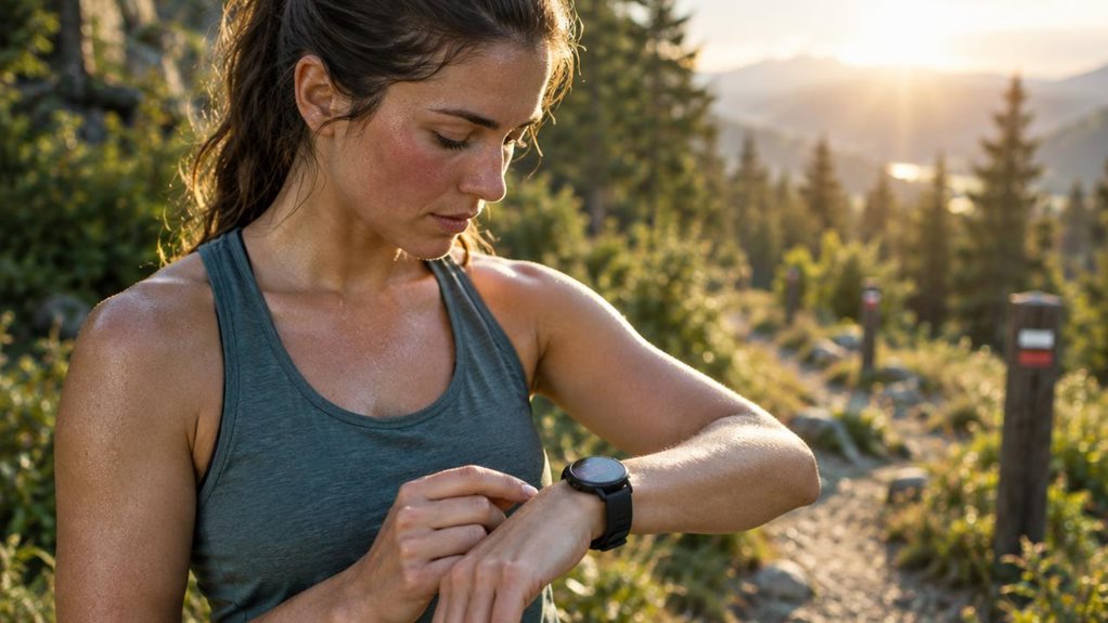 A high-end editorial photograph of a runner pausing beside a forest trail, checking a sleek smartwatch as sunlight glints off its screen. A faint sheen of sweat, flushed cheeks, and a steady hand suggest recent exertion, while the watch’s calorie display is visible but unreadable. In the softly blurred background, winding trail markers and late-afternoon light create depth. Crisp skin and fabric textures, natural color grading, shallow depth of field, no text or logos.