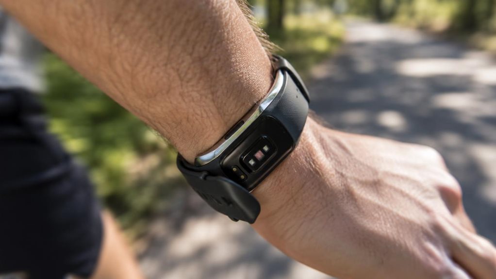 A macro photograph of a wrist-worn fitness tracker mid-stride, illuminated by soft morning light. The image reveals the device's sensor housing, subtle motion blur suggesting arm swing, and reflective metallic accents. Behind it, a blurred outdoor jogging path with dappled shadows. Shot with a shallow depth of field on a high-end camera, emphasizing texture on the silicone band and skin, with crisp micro-details and no visible text.
