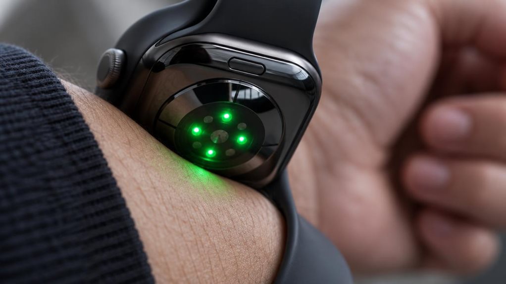 A high-end macro photograph of a smartwatch resting against a person’s wrist, its underside sharply focused as tiny green optical LEDs glow against the skin. Subtle reflections reveal the sensor window and glass casing, while a soft, blurred view of the wearer’s hand and sleeve fills the background. Natural skin texture, precise detail, gentle studio lighting, and shallow depth of field create a polished, realistic image. No text or lettering.